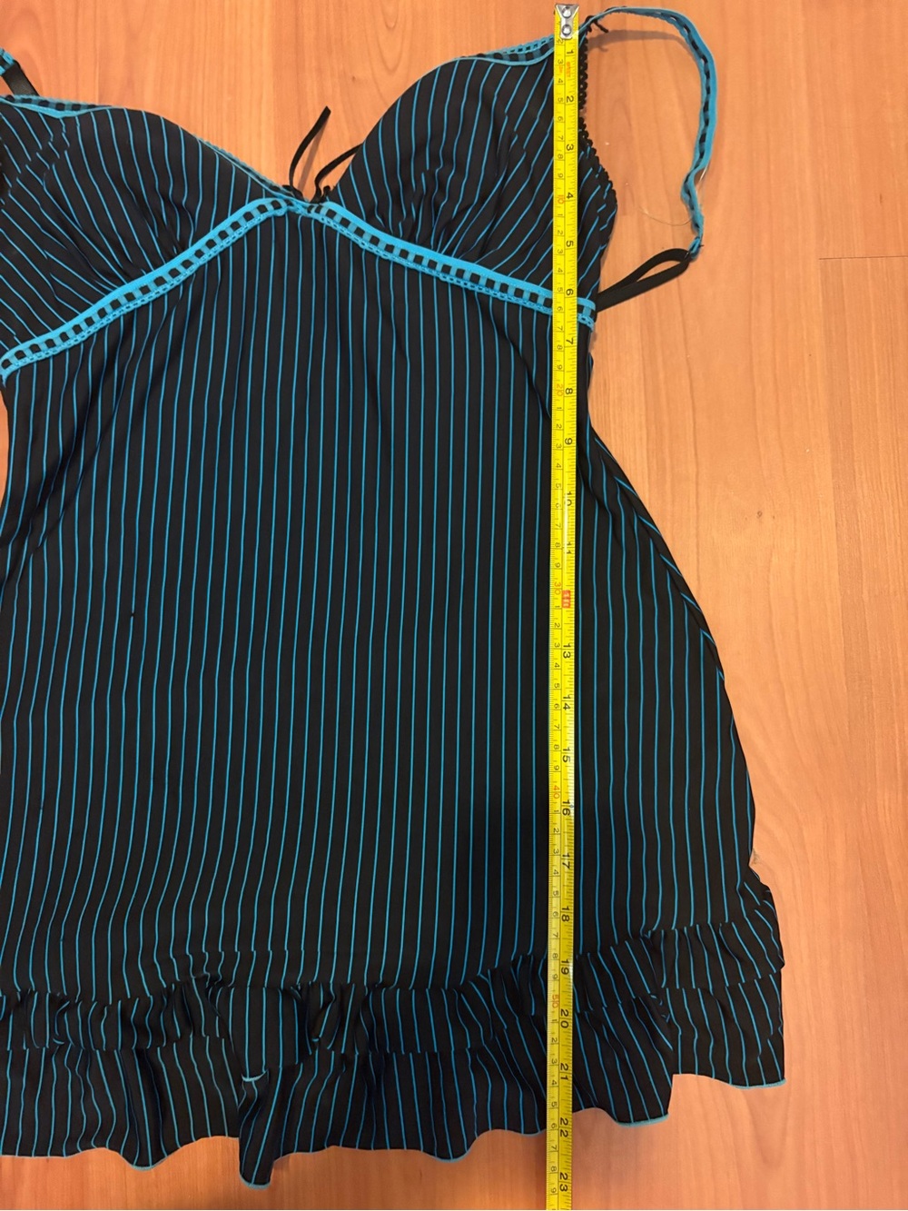 Black Pinstripe Camisole Slip with Teal Trim and Ruffle Hem - Picture 5 of 5